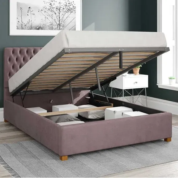 Ottoman Bed Frame with Storage - Blush, Velvet