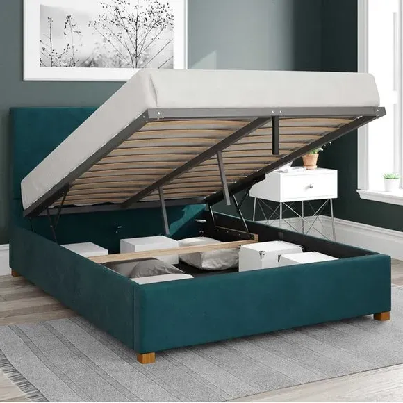 Ottoman Bed Frame with Storage - Emerald, Velvet