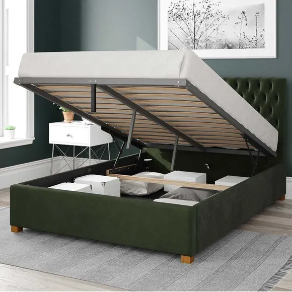 Ottoman Bed Frame with Storage - Forest, Velvet