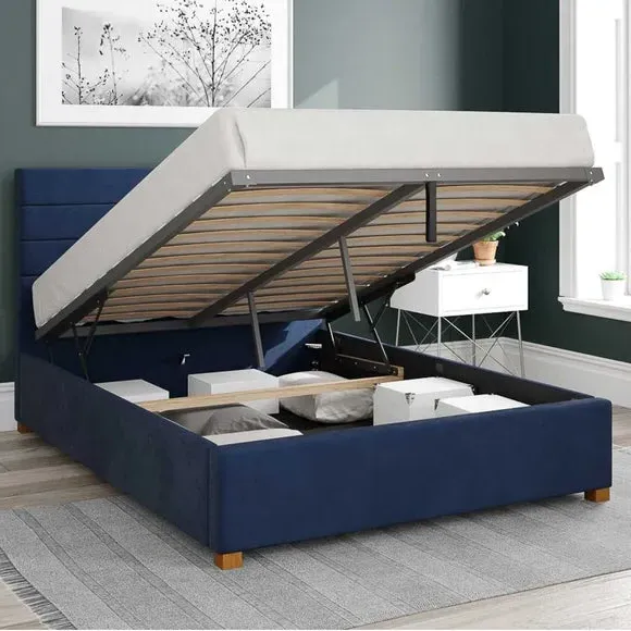 Ottoman Bed Frame with Storage - Navy, Velvet