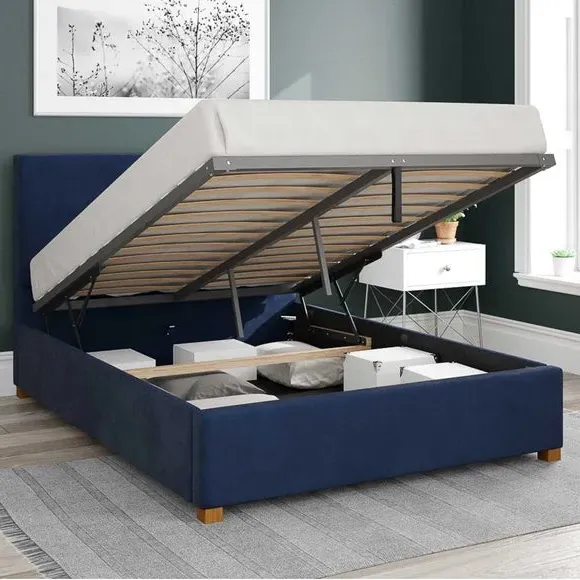 Ottoman Bed Frame with Storage - Navy, Velvet