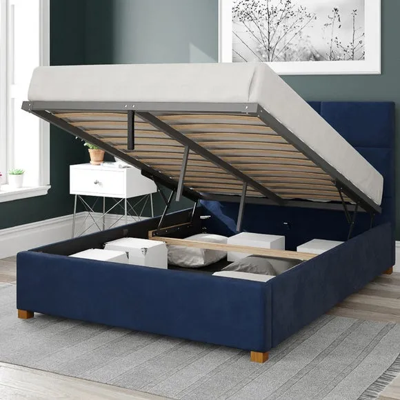 Ottoman Bed Frame with Storage - Navy, Velvet