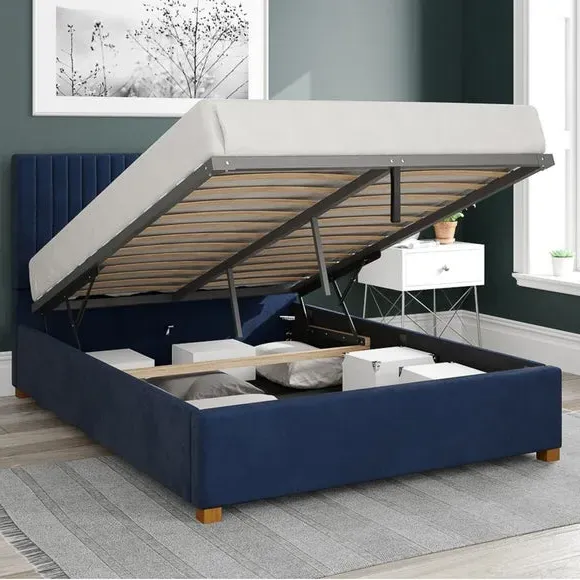 Ottoman Bed Frame with Storage - Navy, Velvet