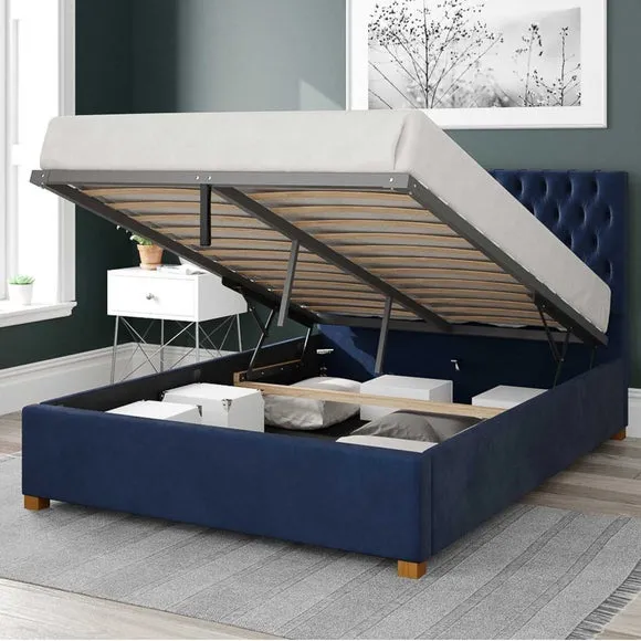 Ottoman Bed Frame with Storage - Navy, Velvet