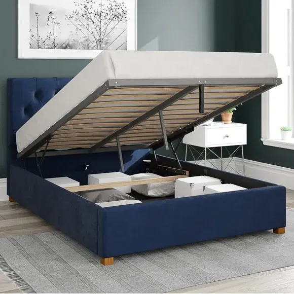 Ottoman Bed Frame with Storage - Navy, Velvet