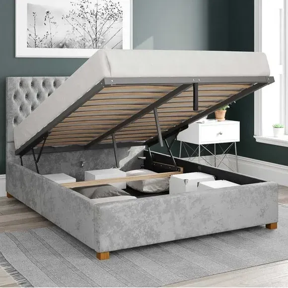 Ottoman Bed Frame with Storage - Silver, Velvet