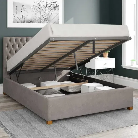 Ottoman Bed Frame with Storage - Silver, Velvet