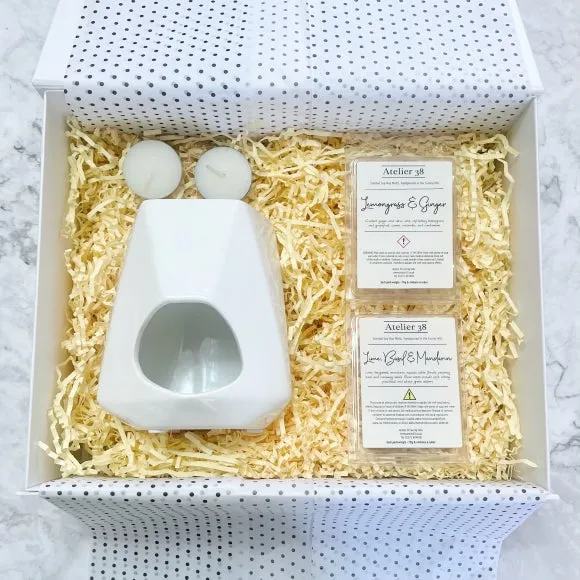 Geo Wax Burner Gift Set - White, Ceramic