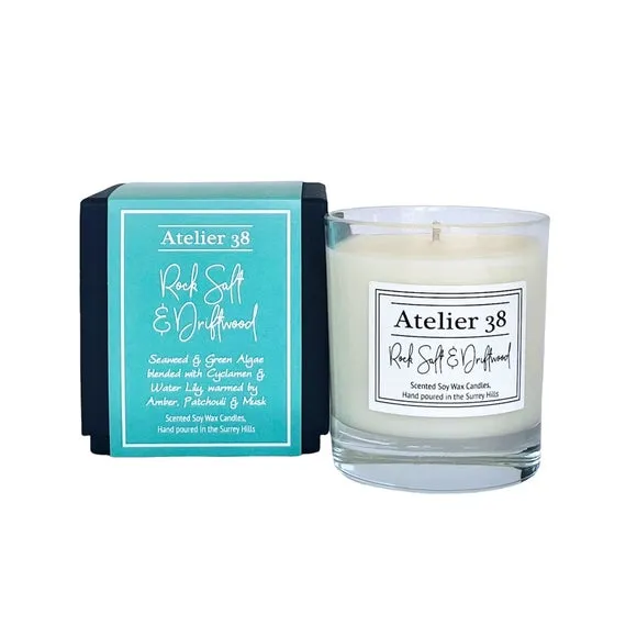 Medium Candle Rock Salt & Driftwood - Clear Glass