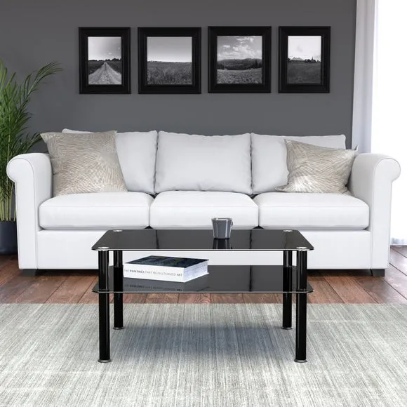 Large Coffee Table with Shelf - Black, Glass