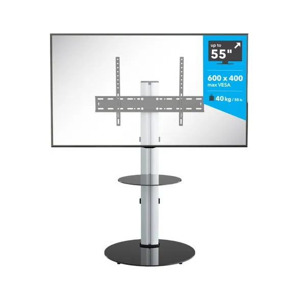 Pedestal TV Stand with Shelf - Silver