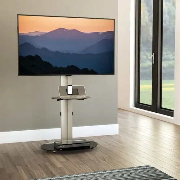 Pedestal TV Stand with Shelf - Silver image