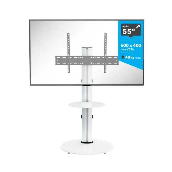 Pedestal TV Stand with Shelf - White