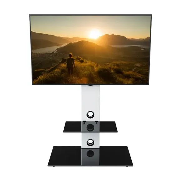 Pedestal TV Unit with Shelf - White, Glass