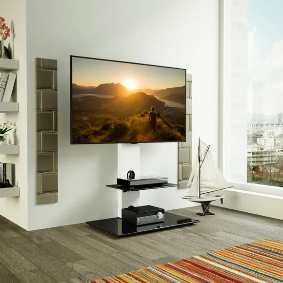 Pedestal TV Unit with Shelf - White, Glass
