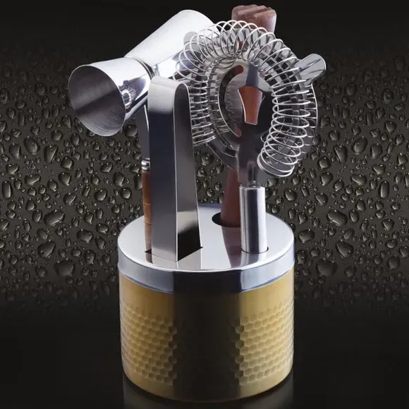 5-Piece Cocktail Tool Set with Stand - Brass