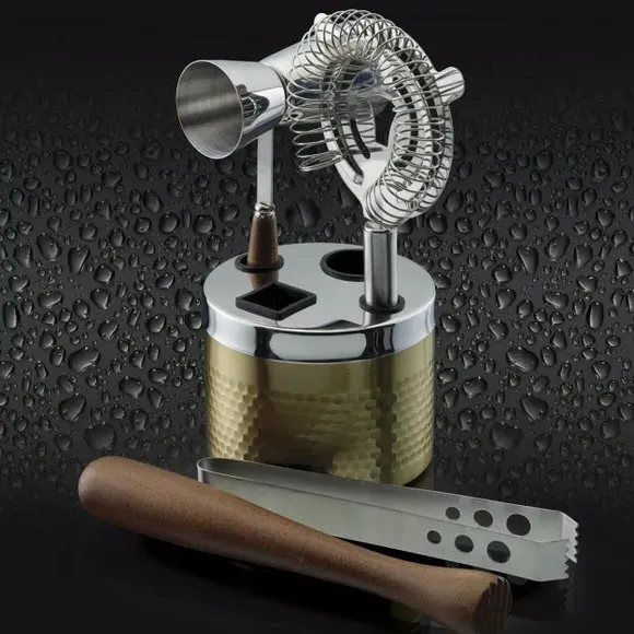 5-Piece Cocktail Tool Set with Stand - Brass