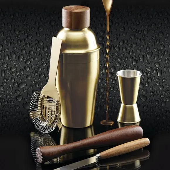 6-Piece Cocktail Set - Gold, Wood & Brass