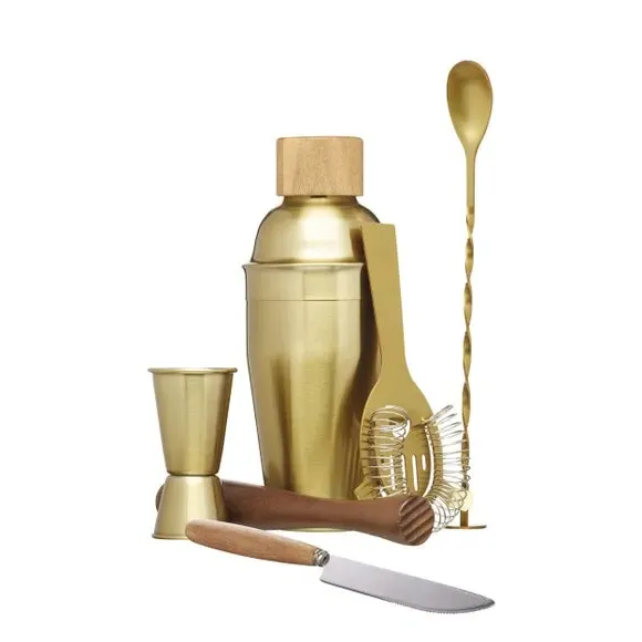 6-Piece Cocktail Set - Gold, Wood & Brass image