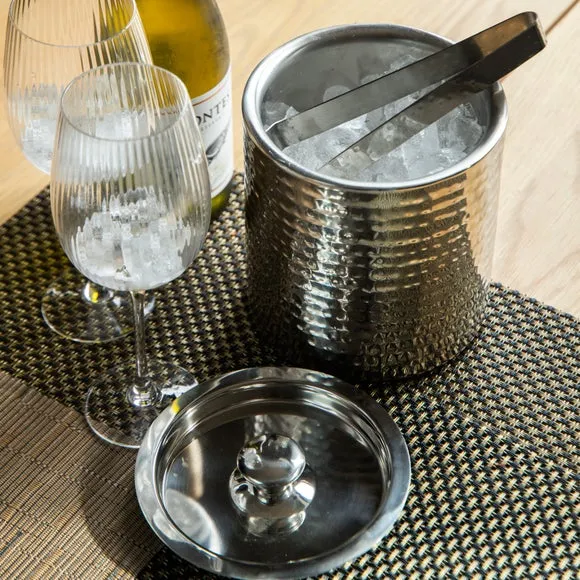 Hammered Ice Bucket with Tongs - Silver, Steel
