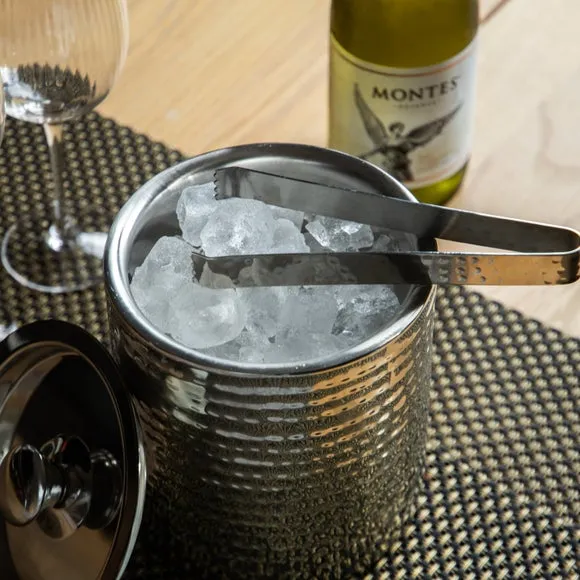 Hammered Ice Bucket with Tongs - Silver, Steel