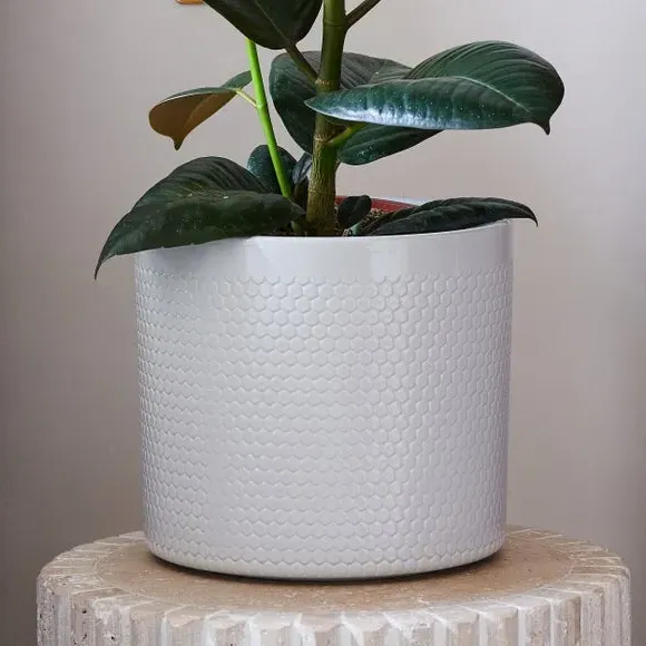 Geometric Plant Pot with Glazed Finish - White, Ceramic