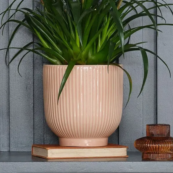 Ribbed Plant Pot with Glazed Finish - Pink, Ceramic