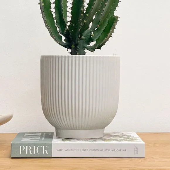 Ribbed Plant Pot with Glazed Finish - White, Ceramic