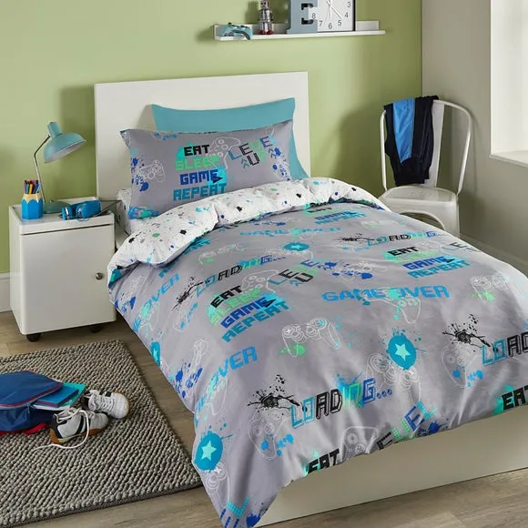 Duvet Cover Set with Glow Print - Grey, Polycotton image