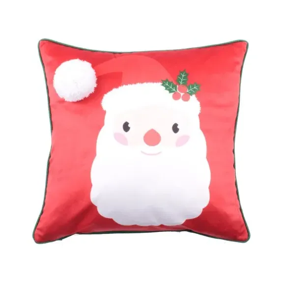 Square Cushion with Pom Pom - Red, Fleece