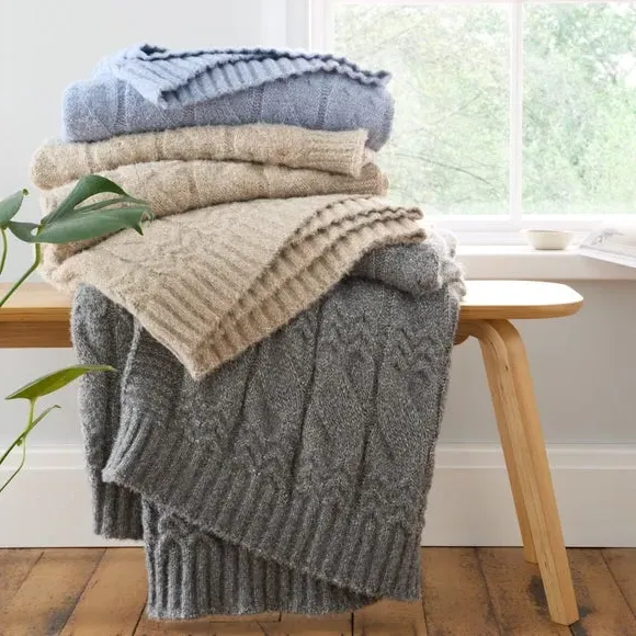 Cable Knit Throw Blanket - Blue, Soft Knit