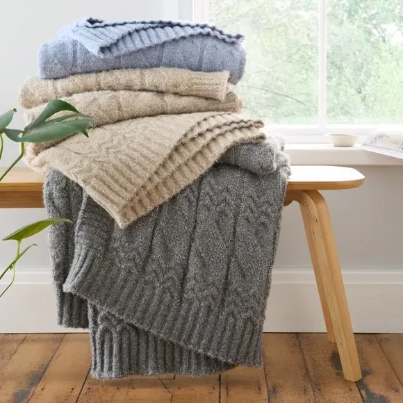 Cable Knit Throw Blanket - Grey, Soft Knit