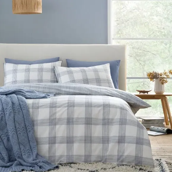 Check Reversible Duvet Cover Set - Blue, Cotton image