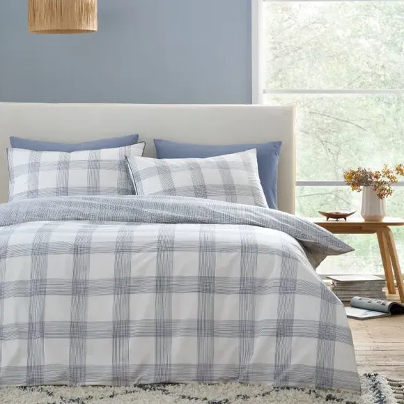 Check Reversible Duvet Cover Set - Blue, Cotton