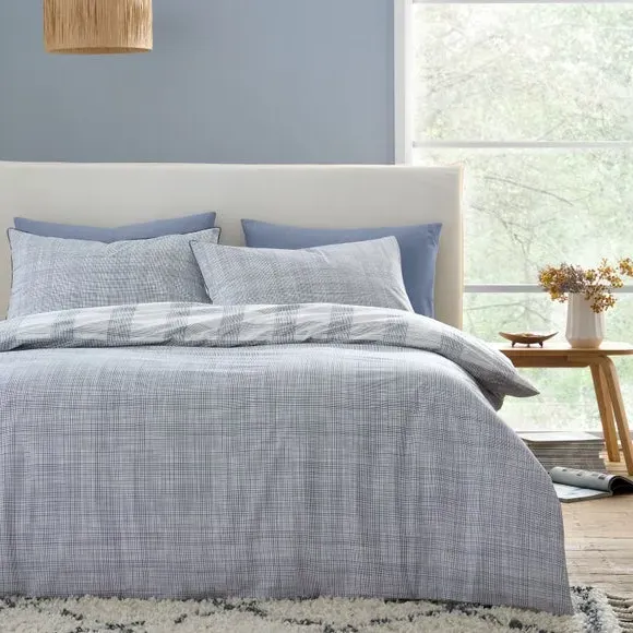 Check Reversible Duvet Cover Set - Blue, Cotton