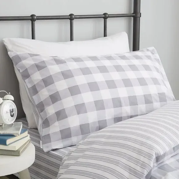 Check Duvet Cover Set with Stripe - Grey, Cotton