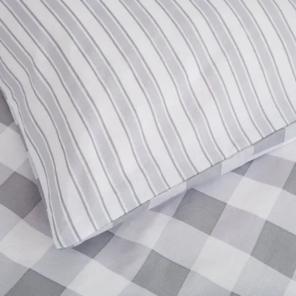 Check Duvet Cover Set with Stripe - Grey, Cotton