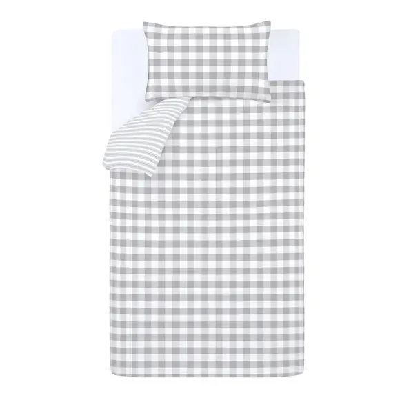 Check Duvet Cover Set with Stripe - Grey, Cotton