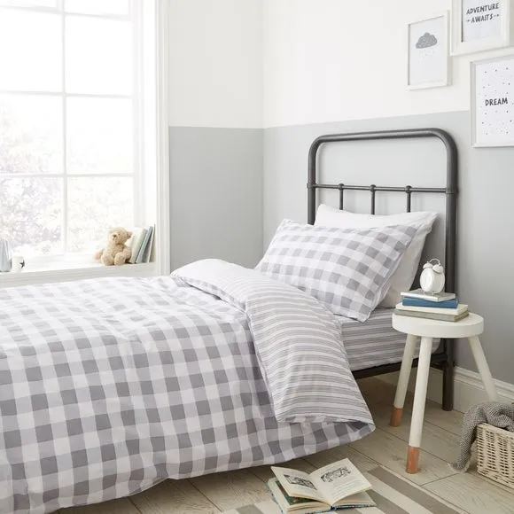 Check Duvet Cover Set with Stripe - Grey, Cotton