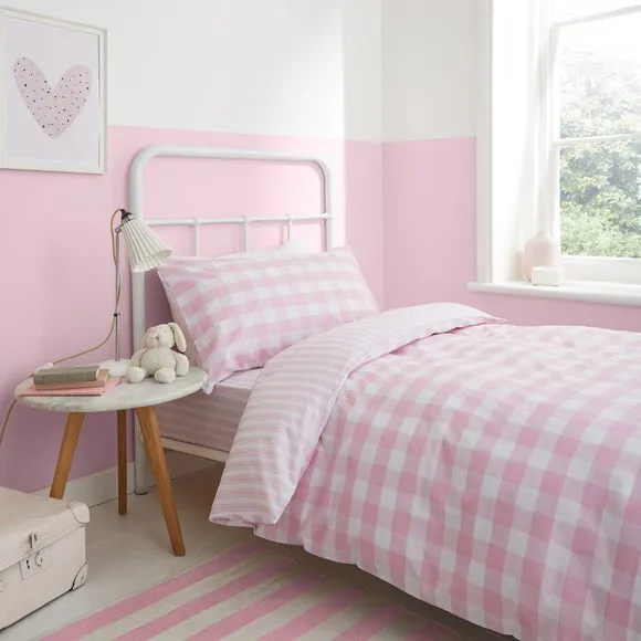 Check Duvet Cover Set with Stripe - Pink, Cotton