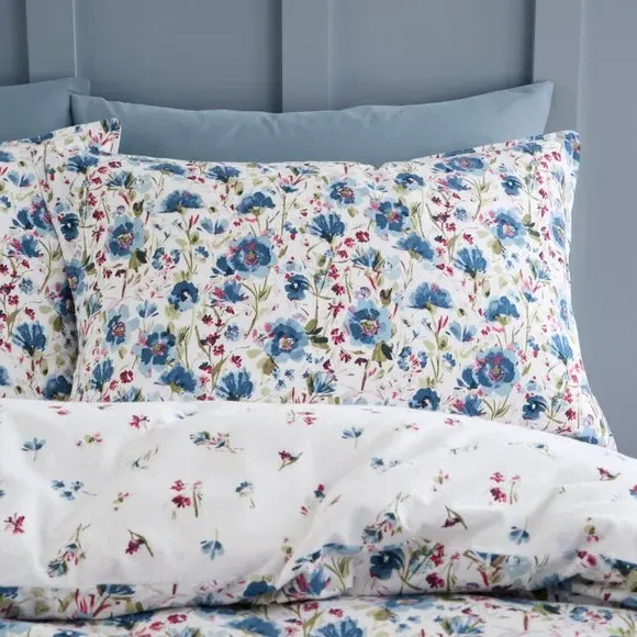 Floral Duvet Cover Set - Blue, Brushed Cotton