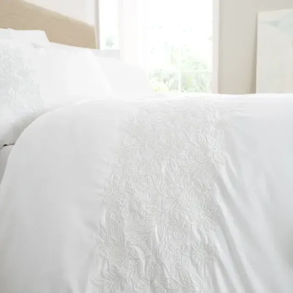Floral Embroidery Duvet Cover Set - White, Cotton