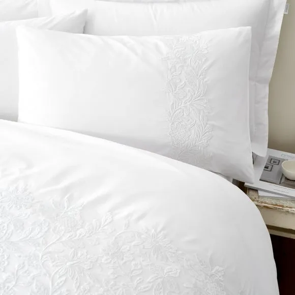 Floral Embroidery Duvet Cover Set - White, Cotton
