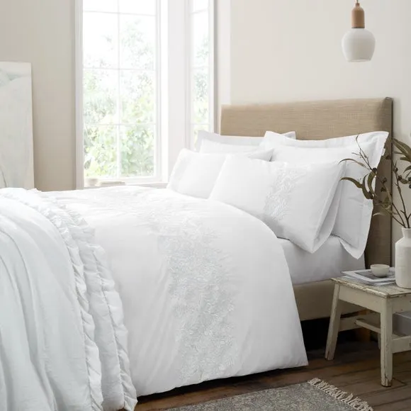 Floral Embroidery Duvet Cover Set - White, Cotton