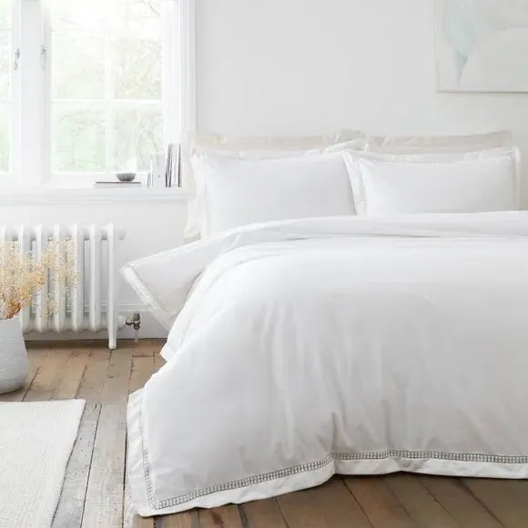 Oxford Duvet Cover Set with Lace Trim - White, Cotton