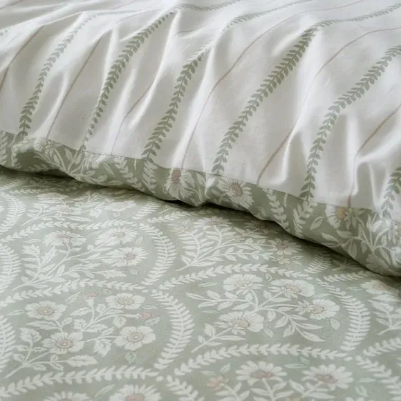 Reversible Duvet Cover Set - Green, Cotton