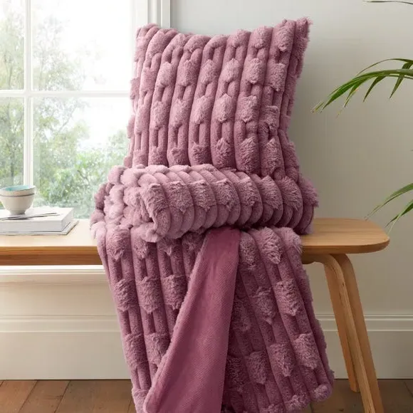 Square Cushion Carved Texture - Pink, Faux Fur