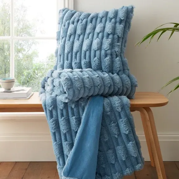 Square Cushion with Carved Design - Blue, Faux Fur