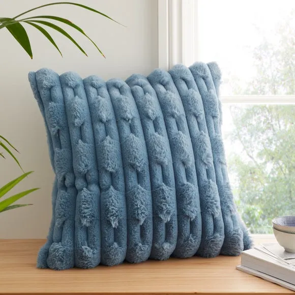 Square Cushion with Carved Design - Blue, Faux Fur image