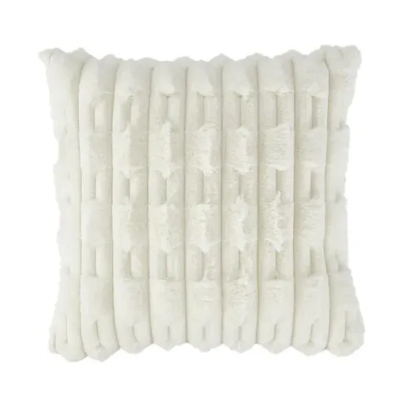 Square Cushion with Carved Design - Cream, Faux Fur